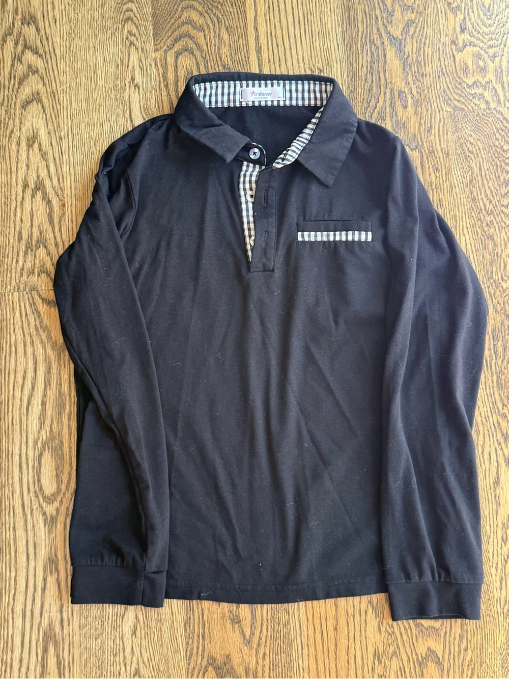 Arshiner Boy’s Long-Sleeve Black Polo with Contrast Gingham Trim